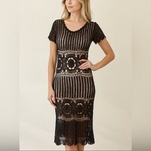 Kroshetta By Papillion Women's S‎ Open Knit Crochet Midi Dress Vintage 90s Retro